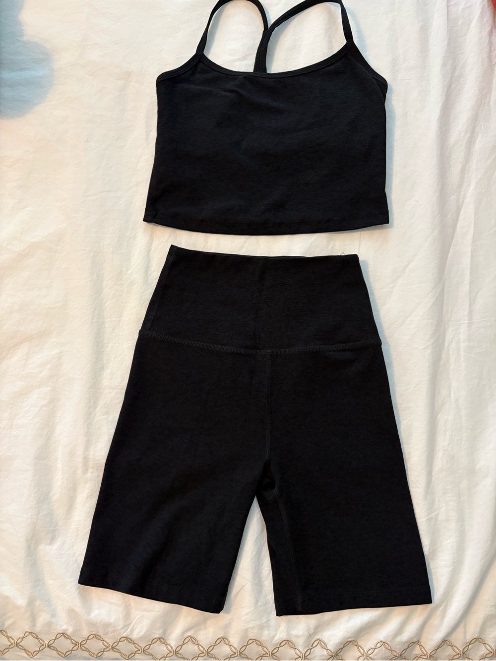Beyond Yoga Black High-Rise Bike Shorts with Black Cropped Tank
